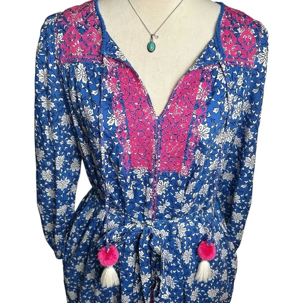 J.Crew Boho Midi Dress Small |‎ Blue Pink Floral Embroidered Tassel Cottagecore